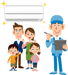 エアコンと家族と書類に書き込む作業員の男性
