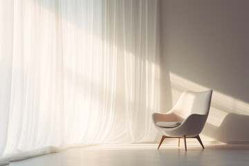 white chair in living room with window and curtains