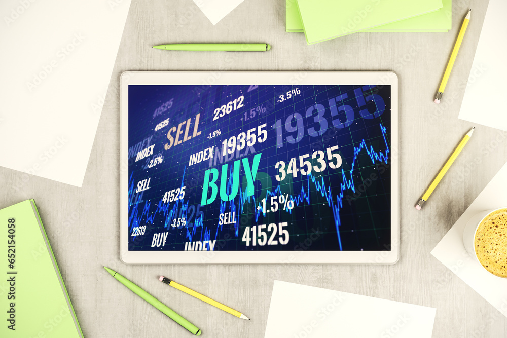 Poster Digital tablet with abstract financial graph, finance and trading concept. Top view. 3D Rendering