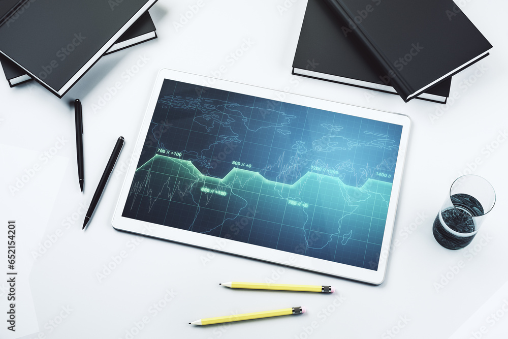 Poster modern digital tablet monitor with abstract statistics data hologram interface, computing and analyt