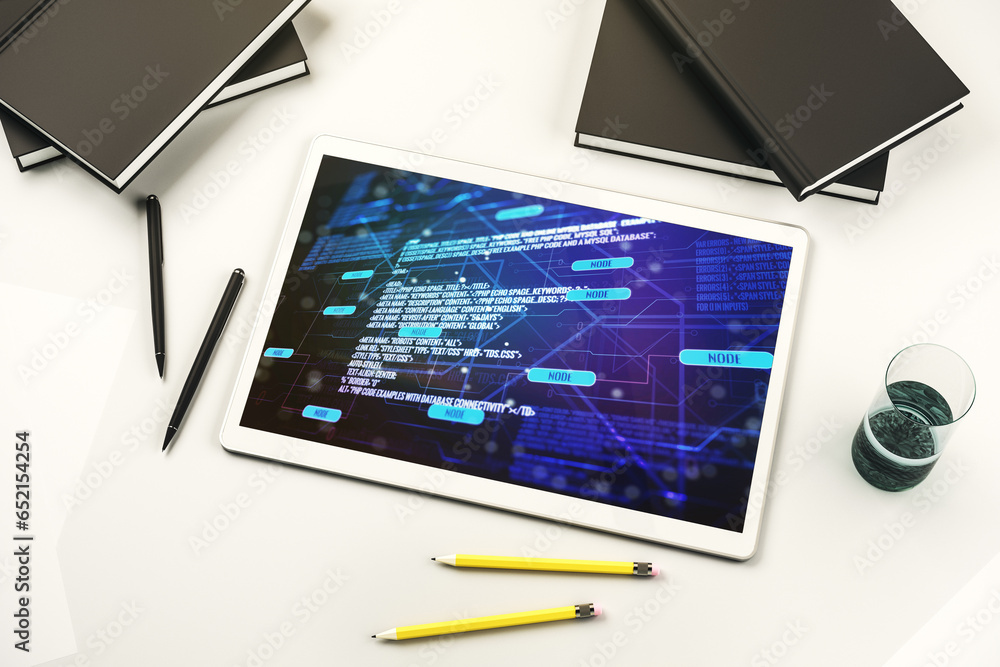 Leinwandbilder top view of modern digital tablet display with abstract software development hologram, research and 