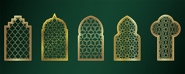 Golden Ramadan windows. Islamic door frames with ornament. Arabic mosque arch on green background. Islamic vector decoration