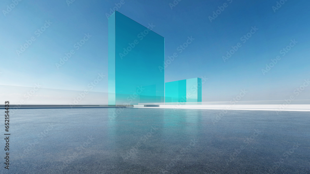 Poster 3d render of abstract futuristic glass architecture with empty concrete floor.
