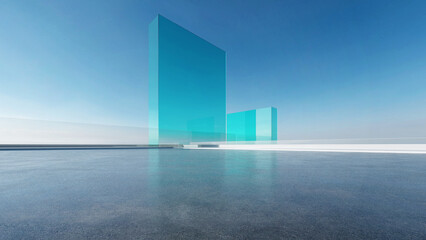 3d render of abstract futuristic glass architecture with empty concrete floor.