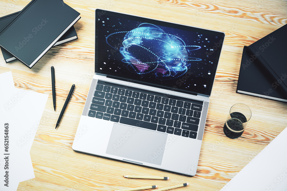 Poster Computer monitor with abstract graphic digital world map with connections, globalization concept. 3D Rendering