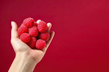 Hand holding raspberries isolated on red background with copy space