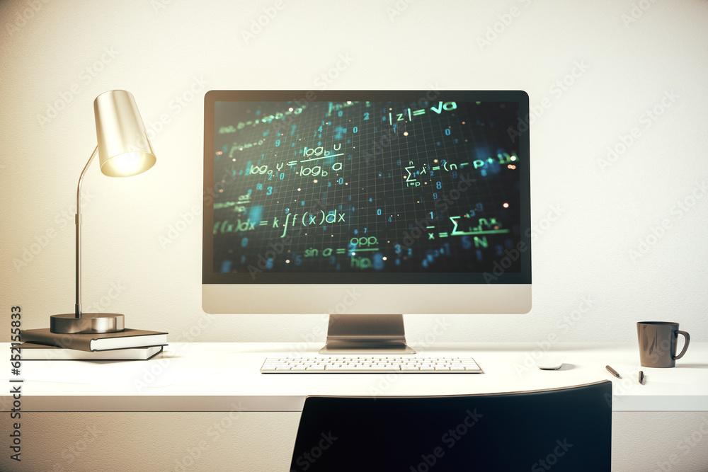 Poster Modern computer monitor with creative scientific formula concept, research and development concept. 3D Rendering