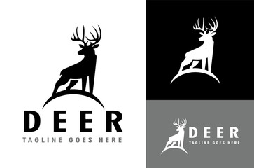 Wild Deer Antlers Silhouette Adventure Logo Illustration Vector with Black,White,Grey background