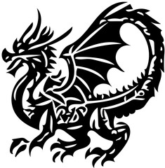 Black and white vector logo illustration of a dragon, tattoo design