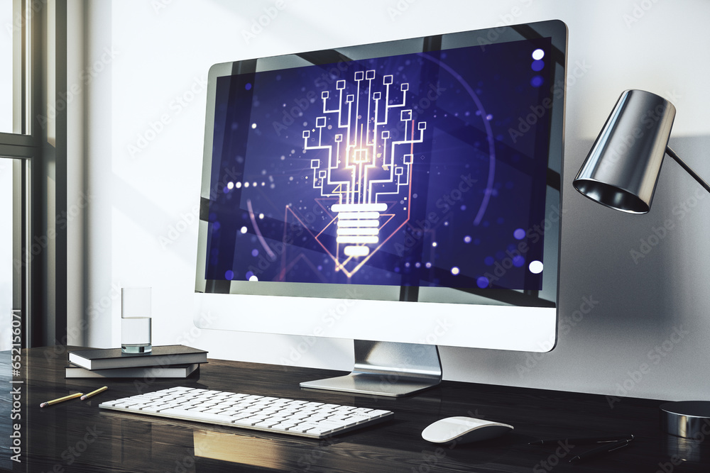 Poster Creative idea concept with light bulb and microcircuit illustration on modern laptop screen. Neural networks and machine learning concept. 3D Rendering