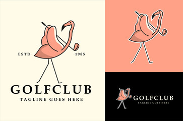 Flamingo bird logo illustration with golf club professional golf ball logo template design