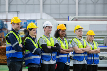 Team engineering worker technician, workshop manufacturing, Teamwork in industry factory. group...