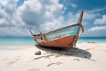 Fototapeta na wymiar old wooden sailboat stranded on a white beach (Generative AI)
