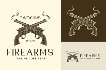 Western Crossed Gun Cowboy Gun Silhouette Revolver in Vintage Retro style