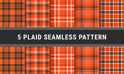 Orange Black White Set Tartan Plaid Seamless Pattern. Checkered fabric texture for flannel shirt, skirt, blanket
