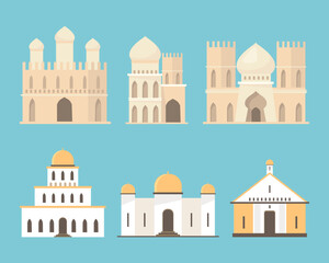 Naklejka premium Churches and mosques for worshiping vector illustrations set. Arabic and Christian temples and buildings, religious places for believers to pray. Religion, faith, architecture concept