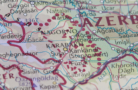 Close up on Nagorno-Karabakh on geographic map. Nagorno-Karabakh or Artsakh is area of Armenia-Azerbaijan conflict. Concept of war in Karabakh, Caucasus and crisis.