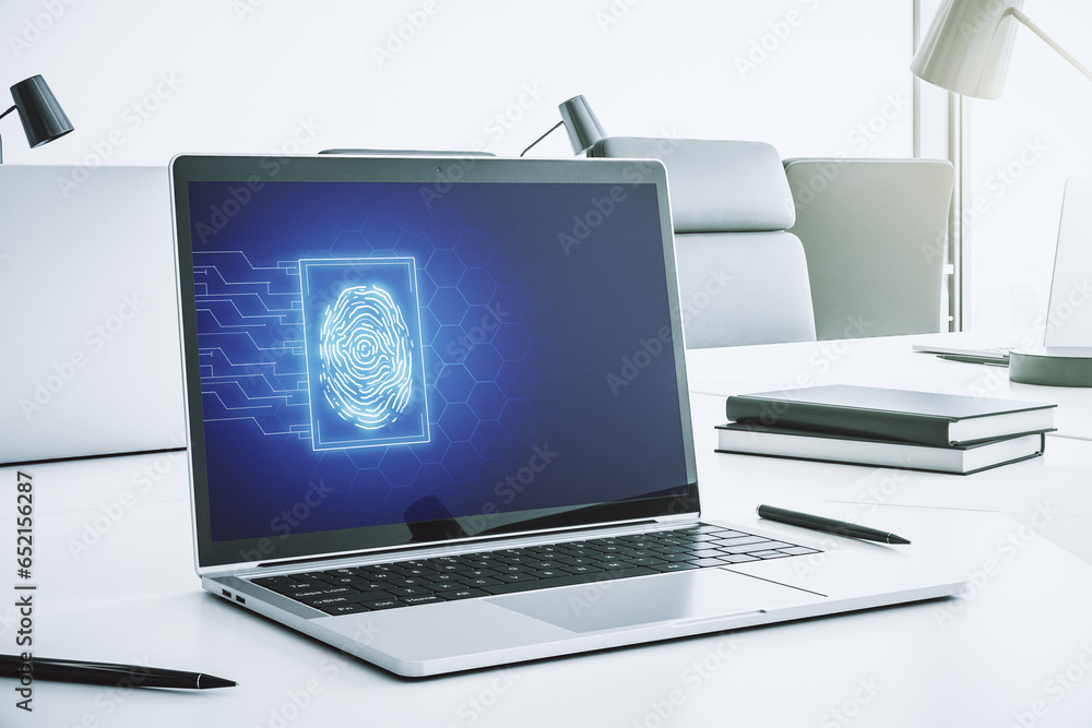Poster abstract creative fingerprint concept on modern laptop screen. 3d rendering