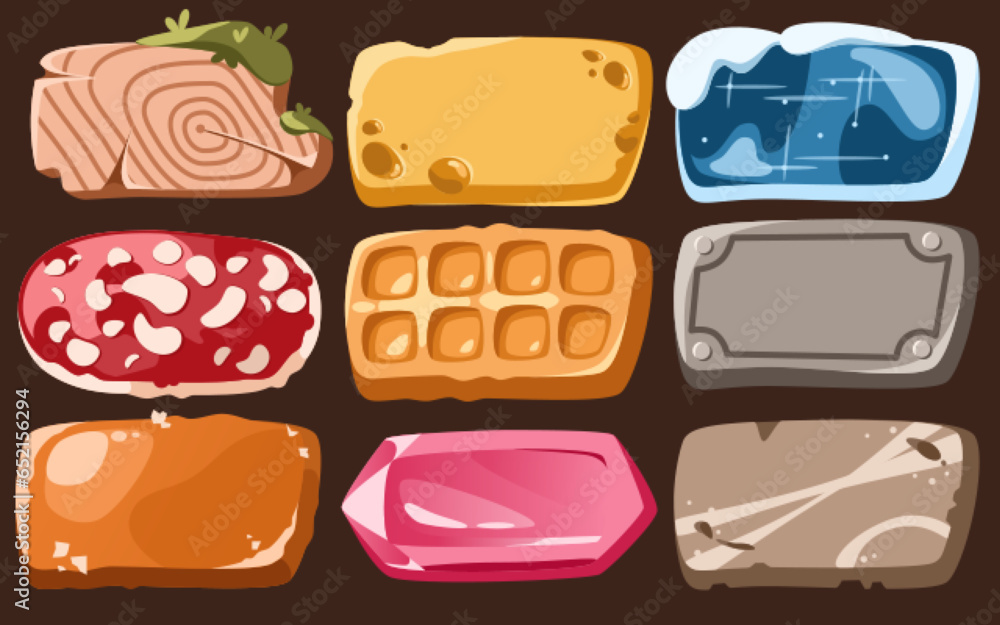 Poster ice and stone game ui button frame block cartoon vector. frozen panel board symbol for app interface