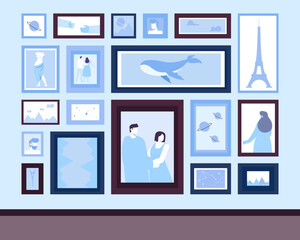 Famous paintings presented on gallery wall vector illustration. Art exhibition with artworks portraying people, nature and space in different styles. Art, cultural heritage, education concept