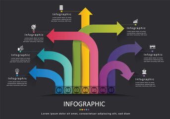 Vector infographic on a gray-black background, 7 arrows pointing in different directions with clearly separated colors for presentations on education, finance, management and banking.