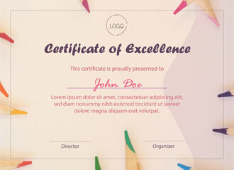 Art certificate template with vivid color pencil points on border 