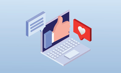 Laptop computer with thumb up and heart.on blue background.3D design.isometric vector design Illustration.