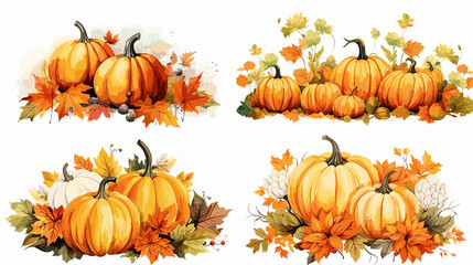 Set of halloween pumpkins with leaves  png white background