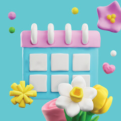 Beautiful 3D plasticine composition calendar and spring flowers, vector render planner from dough, clay craft sculpting