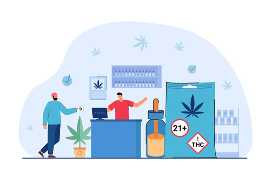 Salesman selling marijuana to customer with ID card. Cannabis store or shop, oil bottle and package of herbs with labels vector illustration. Laws, legal drugs, cannabis concept