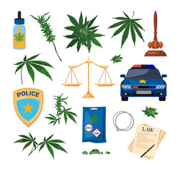 Marijuana legalization elements vector illustrations set. Cartoon drawings of leaves of marijuana, police car and badge, legal document, handcuffs, scales, gavel. Law, legal drugs, cannabis concept