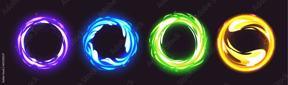 Aufkleber neon blue circle magic portal glow light effect. 3d round swirl with gold speed spiral power element