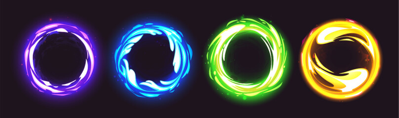 Neon blue circle magic portal glow light effect. 3d round swirl with gold speed spiral power element. Strange multiverse teleport shine. Abstract isolated green circular tunnel vortex vector frame © klyaksun