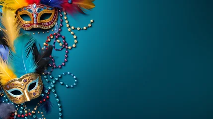 Gardinen Colorful mardi gras beads feathers and carnival mask © Ananya