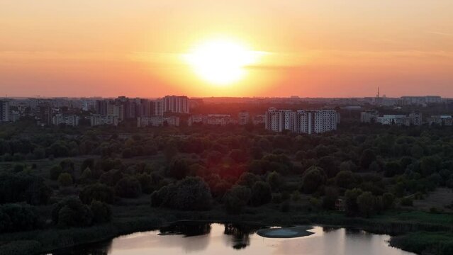 Aerial View Over Vacaresti Delta At Sunset,  Orange, Yellow, Bucharest, Romania
