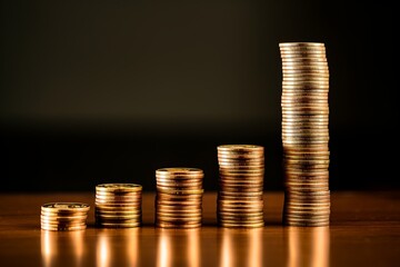 Stacked coins in ascending or descending order symbolizing growth or savings. 