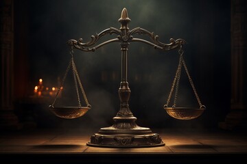 Resting on a rich wooden table, the gleaming justice scale stands as a timeless emblem, symbolizing the delicate balance between right and wrong in the legal realm.