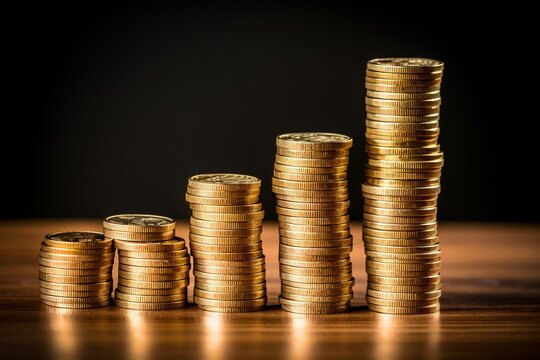 Stacked coins in ascending or descending order symbolizing growth or savings. 