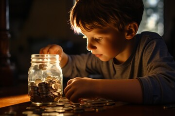 A young boy diligently places a coin into a bottle brimming with saved coins, symbolizing financial discipline and early savings habits.