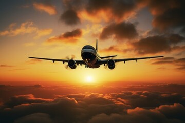 The graceful silhouette of an airplane soars through a canvas of golden hues and fiery reds, marking its ethereal journey against the backdrop of a captivating sunset.

