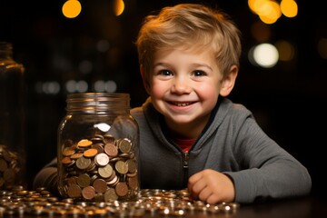 A young boy diligently places a coin into a bottle brimming with saved coins, symbolizing financial discipline and early savings habits. - obrazy, fototapety, plakaty