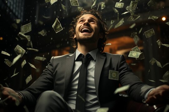 A businessman sits contemplatively while money whirls around him, encapsulating the aura of financial success, opportunity, and mastery.