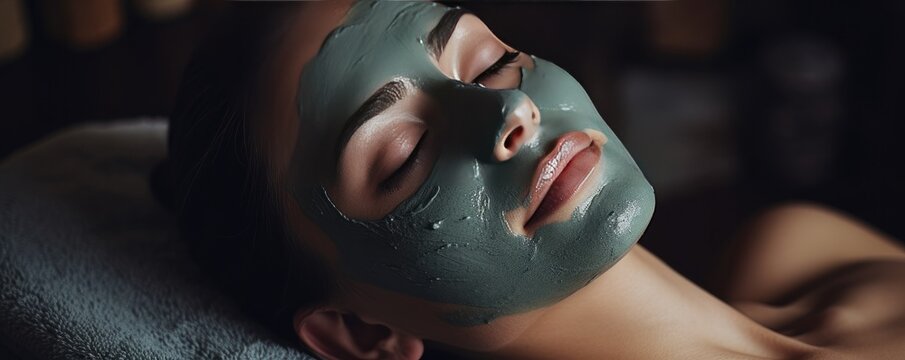 A woman enjoys a day in spa centrum. Applying facial  Mask.  Close-up portrait. generative ai