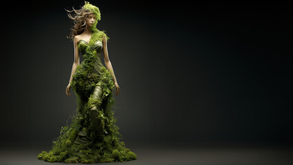 model Frau mit edlen grünen Blumenkleid im Wind Querformat für Banner, ai generativ