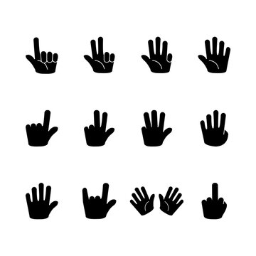 Set Of Hand Gestures, Black Icon And White Background, Vector Illustration