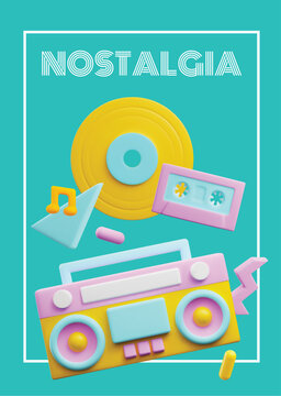 Retro music player, cassette and vinyl in cute 3d style, nostalgia concept poster, vector illustration.