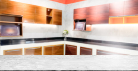 Kitchen Background Empty Table Top, blur Home Room Light White from Window Counter Perspective Wall Floor Scene Modern Clean Restaurant Cooking Bar Marble Vintage Countertop Shelf Product Food.