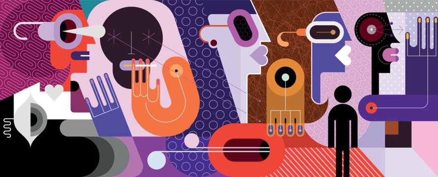 Large group of people modern art vector illustration. Creative mix includes people's faces, hands and abstract geometric shapes.