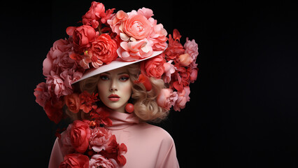 Fototapeta premium Wunderschönes Frauen Gesicht mit fantastischen bunten Blumen als Haar Nahaufnahme Poster Querformat, ai generativ