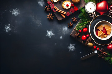 A flat lay composition featuring essential cooking ware for a wholesome Christmas meal, surrounded by seasonal elements, with space thoughtfully reserved for copy in the background.